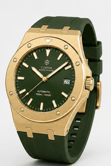 Gold integrated dive watch with green dial